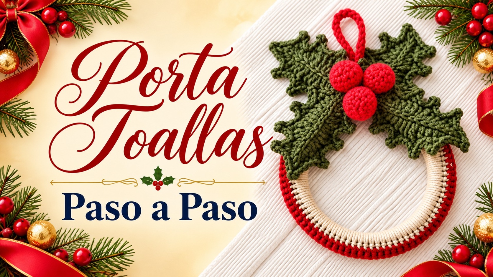 Bono: porta toalla navideño con hojas de acebo verdes, tres frutos rojos y aro crema con borde rojo