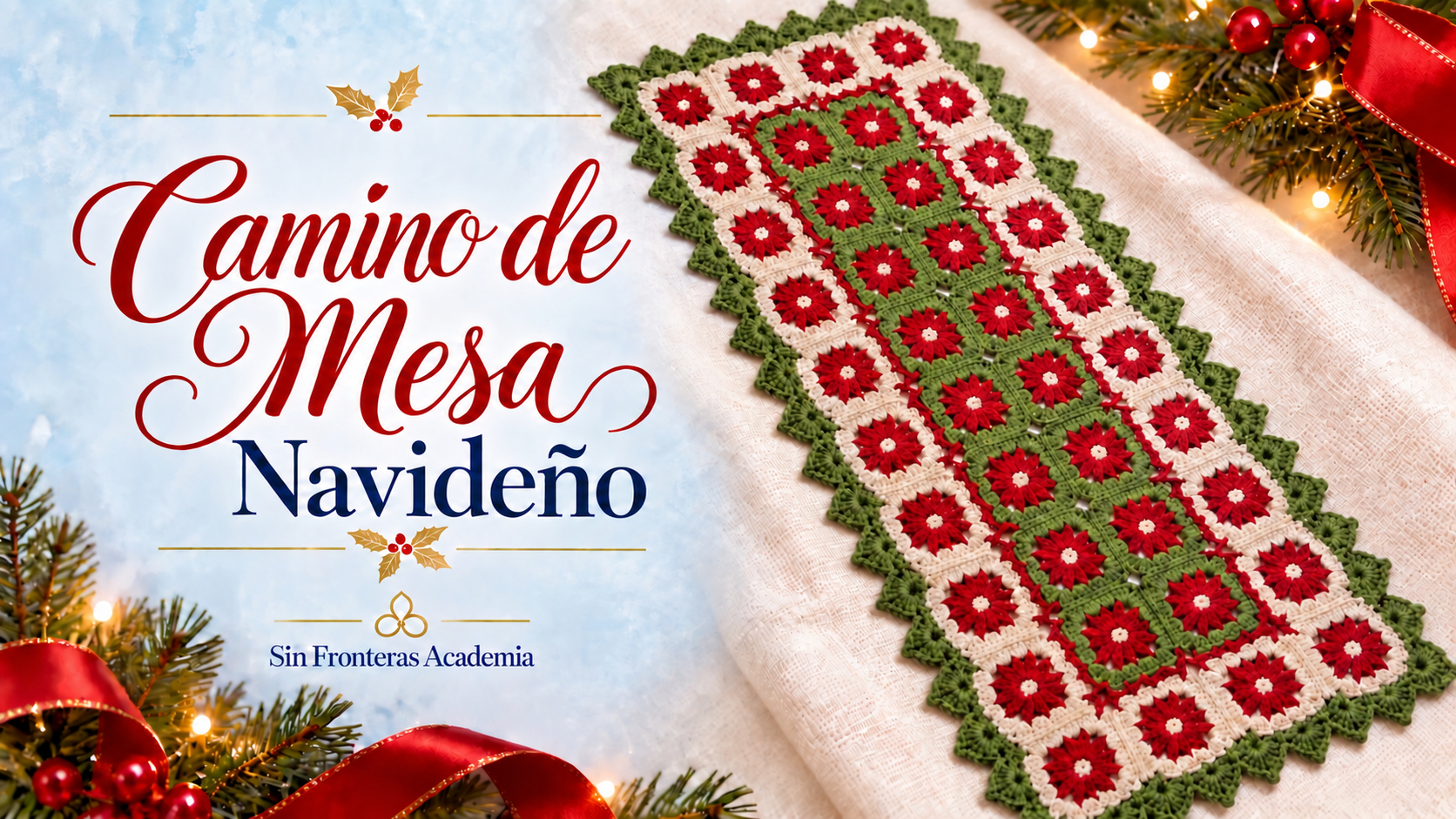 Camino de mesa navideño a crochet con flores rojas, crema y verde