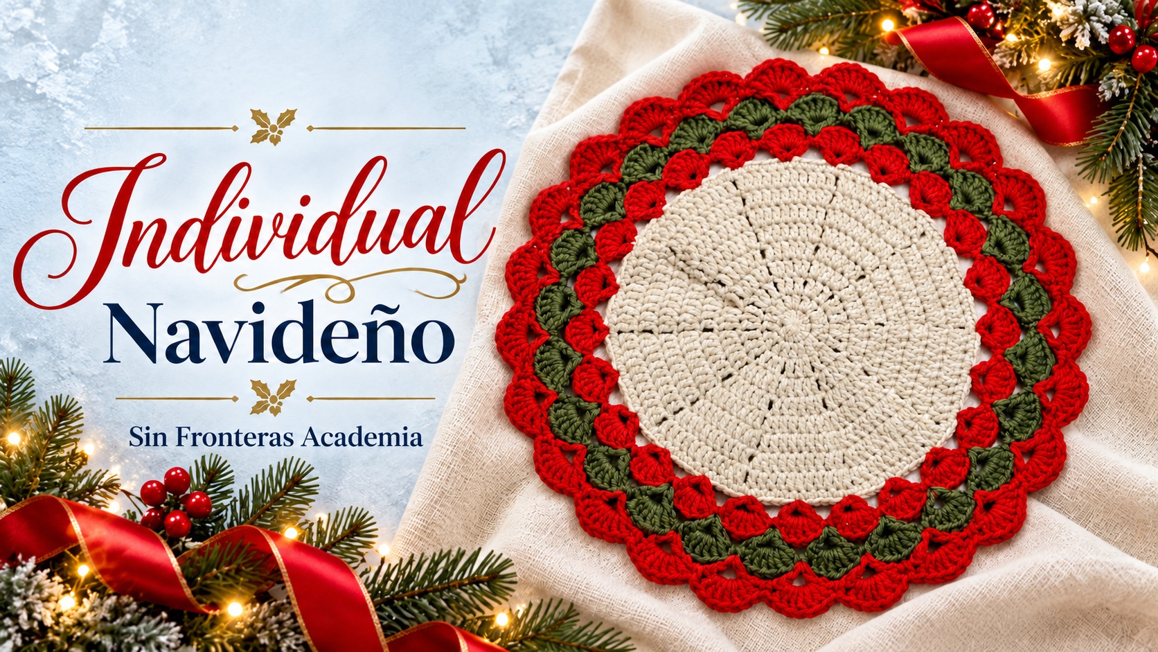 Individual circular en crema con borde rojo y verde