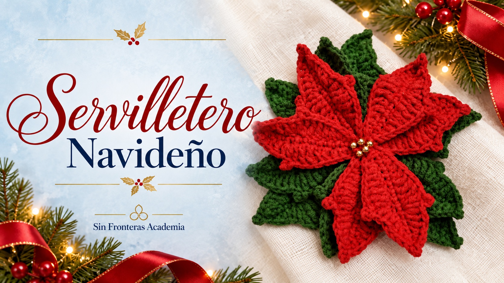 Servilletero de flor de Navidad roja con hojas verdes y centro dorado