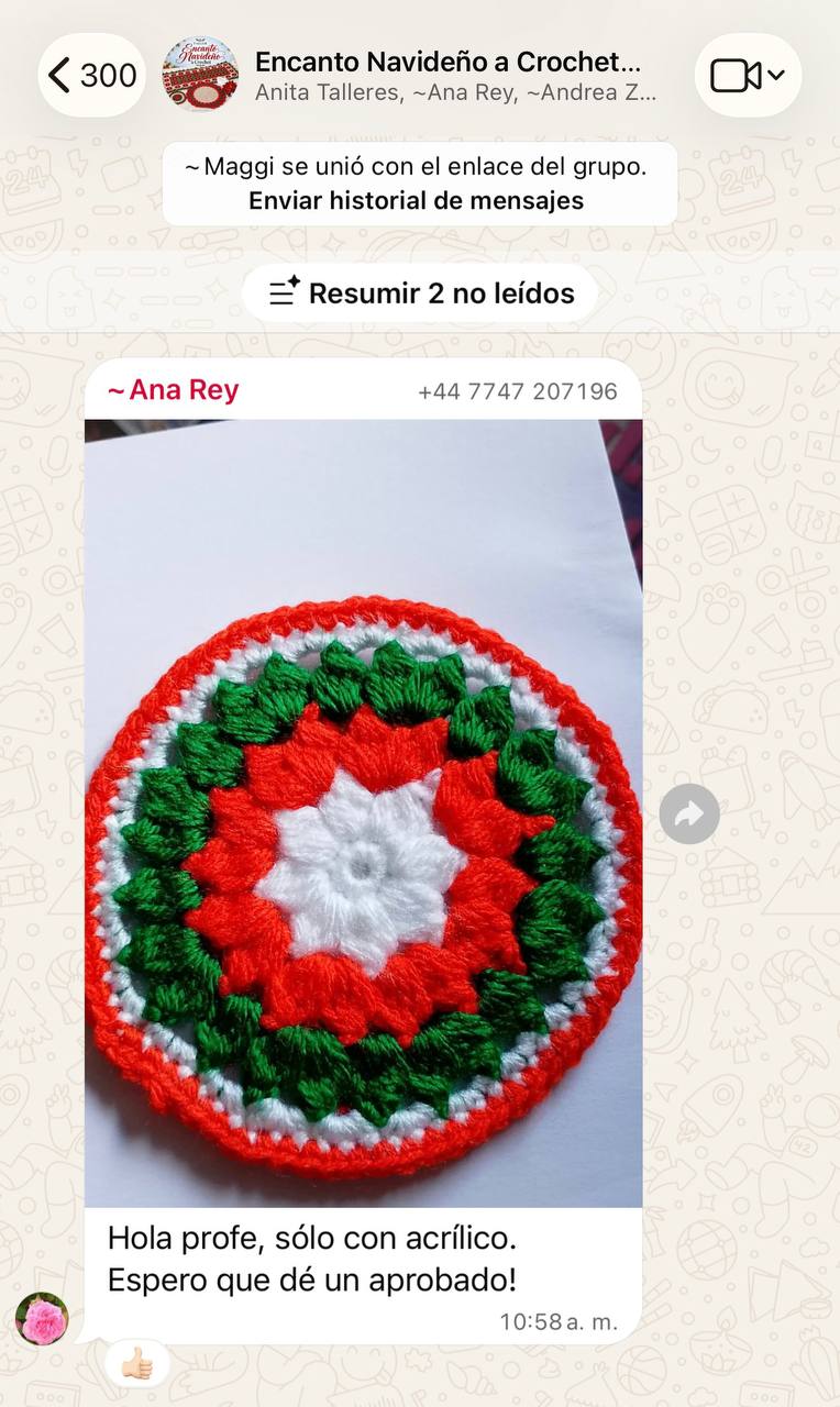 Ana Rey comparte en el grupo su portavasos navideño tejido en rojo, verde y blanco y escribe: Hola profe, sólo con acrílico. Espero que dé un aprobado.